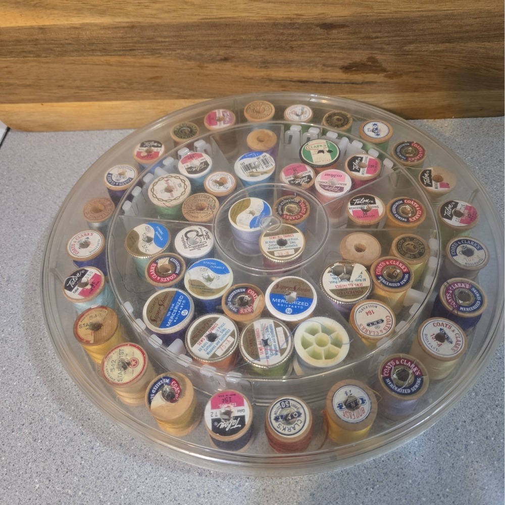 Coats & Clarks & More, 54 Vintage Spools of Thread in Case Many Colors Most Wood